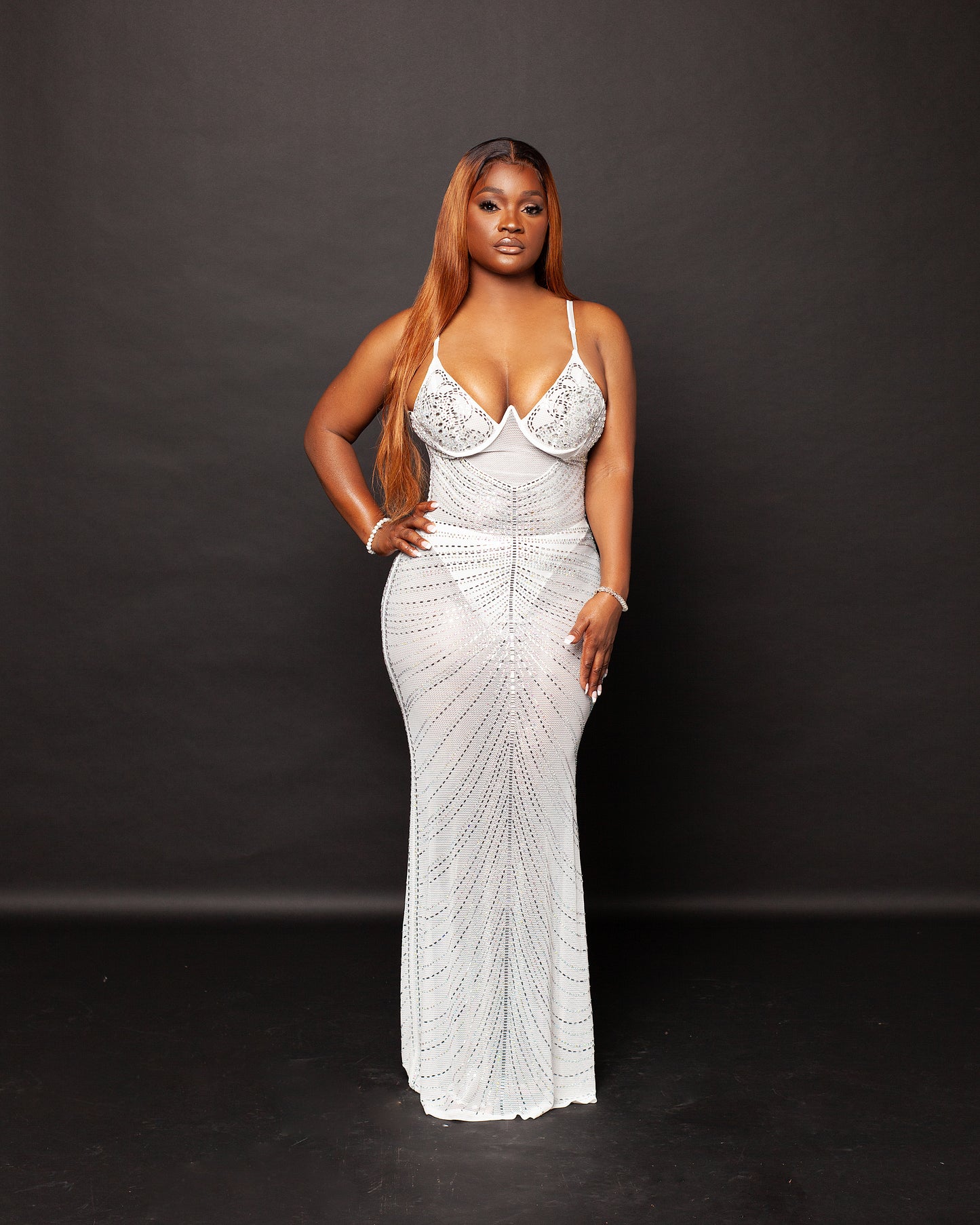 MONICA WHITE MESH RHINESTONE MAXI DRESS
