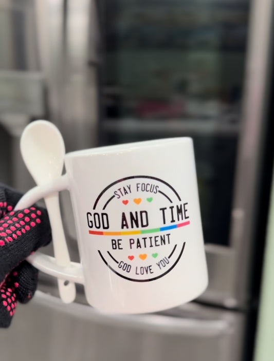 God and Time Inspirational Mug – 11oz Ceramic Mug with Spoon