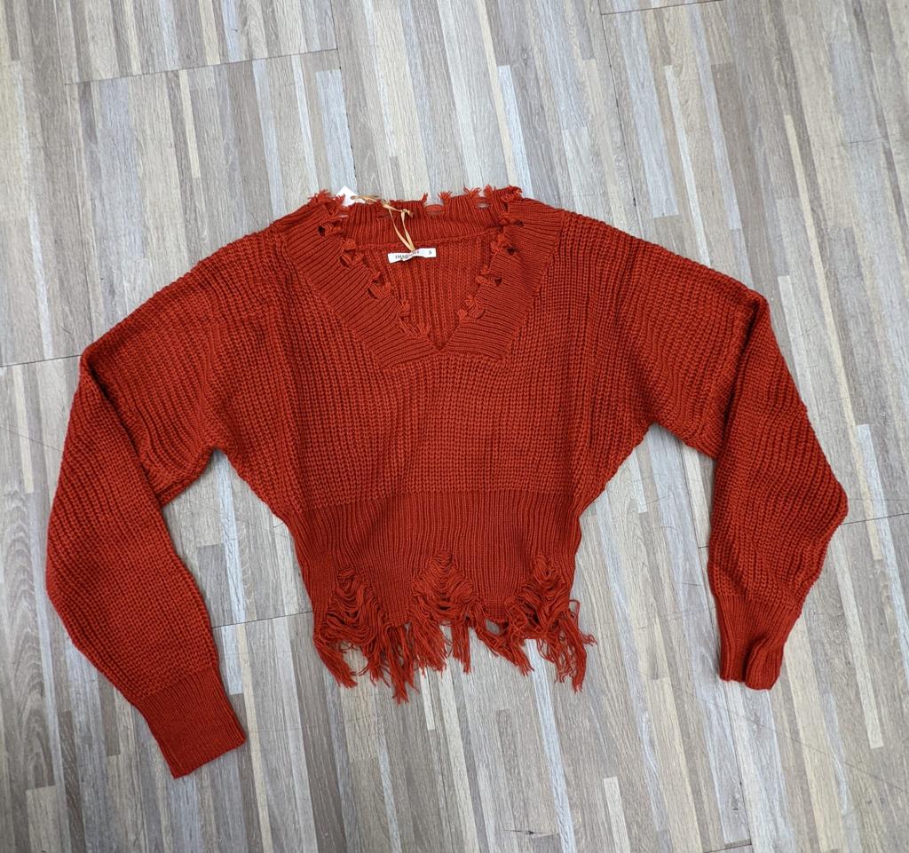 DARIA KNIT CROP LONG SLEEVE  V-NECK SWEATER (RUST)