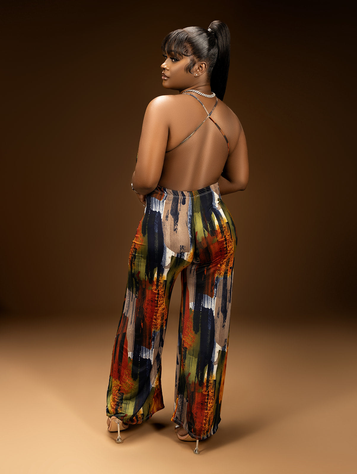 Surie Brown Abstract Low Back Jumpsuit & Bandana