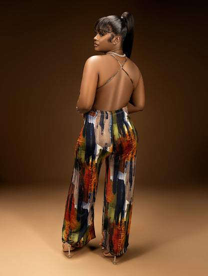 Surie Brown Abstract Low Back Jumpsuit & Bandana