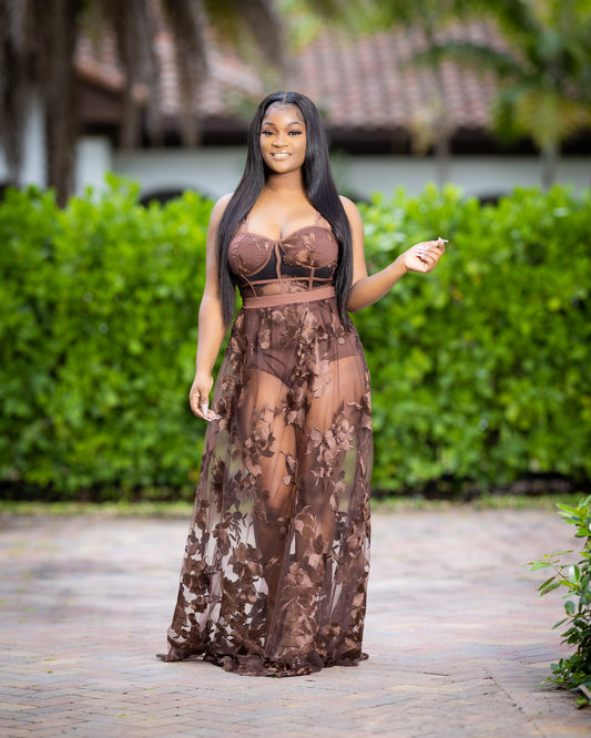 VENISH BROWN EMBROIDERY MESH MAXI DRESS - Tammie's Kollection