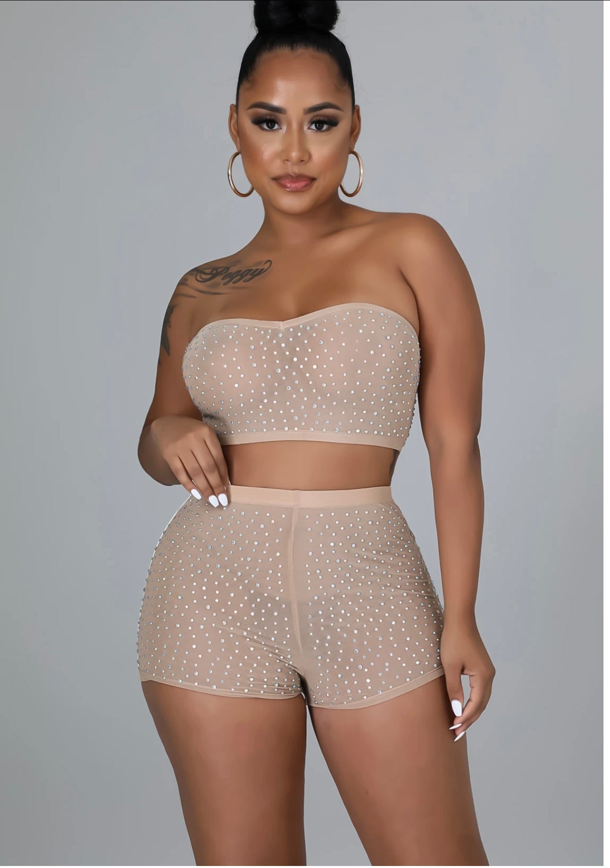 PARIS SHOW STOPPER THREE PIECE RHINESTONE SET BEIGE - Tammie's Kollection