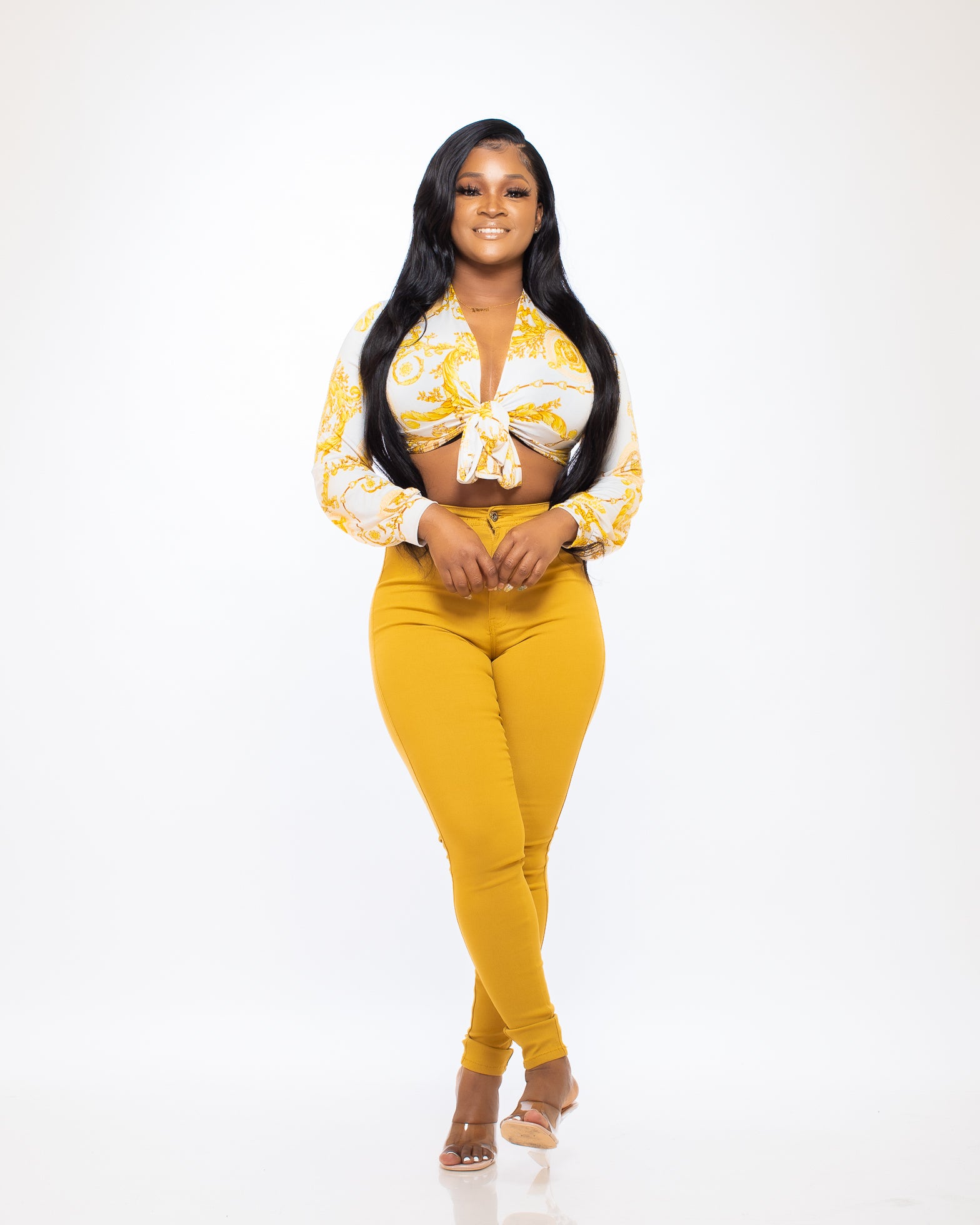 PERFECT SAHRI TIE TOP MUSTARD AND WHITE (CROP) - Tammie's Kollection