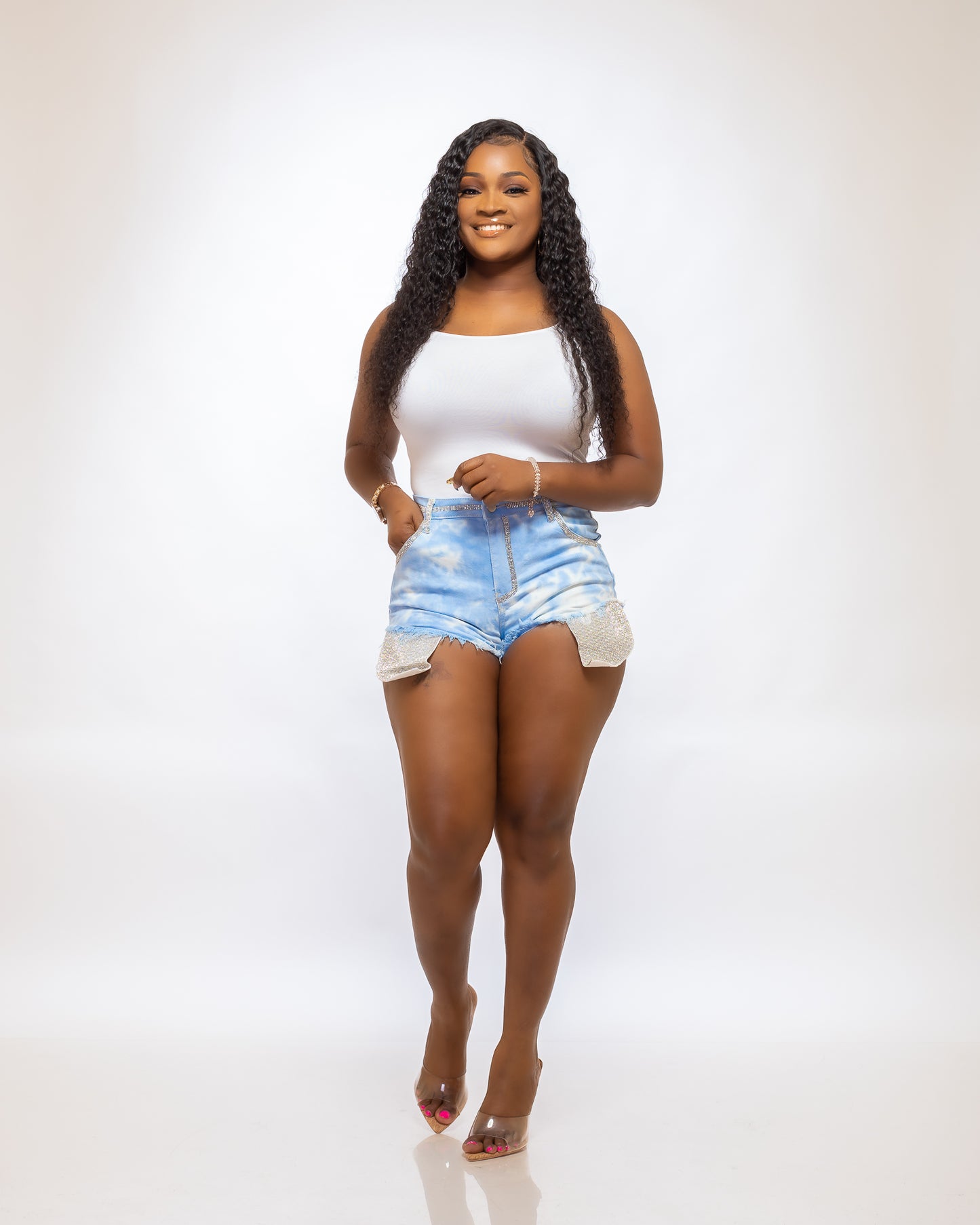 MISS GLITZ DENIM SHORTS (BLUE & WHITE) - Tammie's Kollection