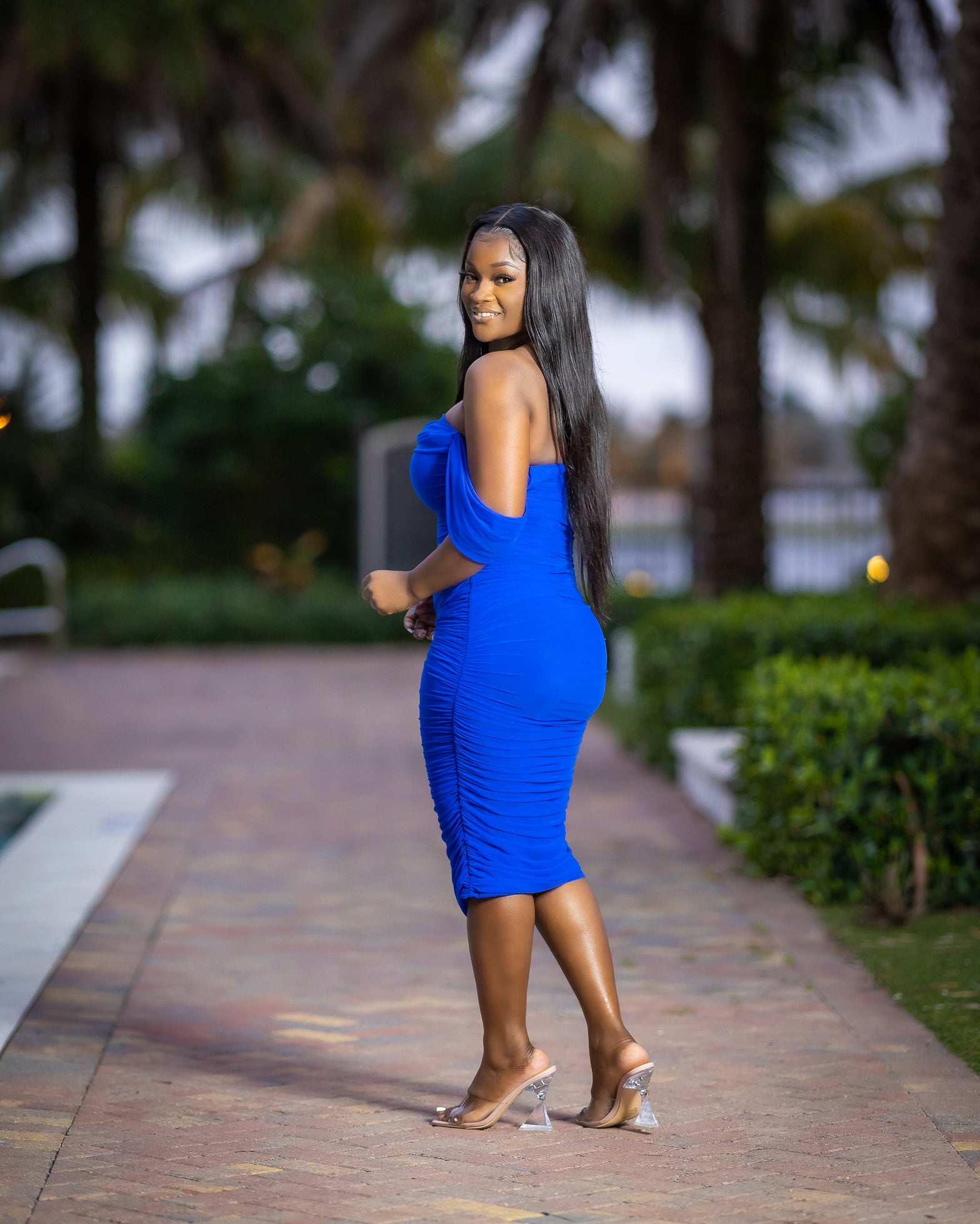 GINEL OFF THE SHOULDER MESH OVERLAY RUCHED DRESS (ROYAL BLUE) - Tammie's Kollection