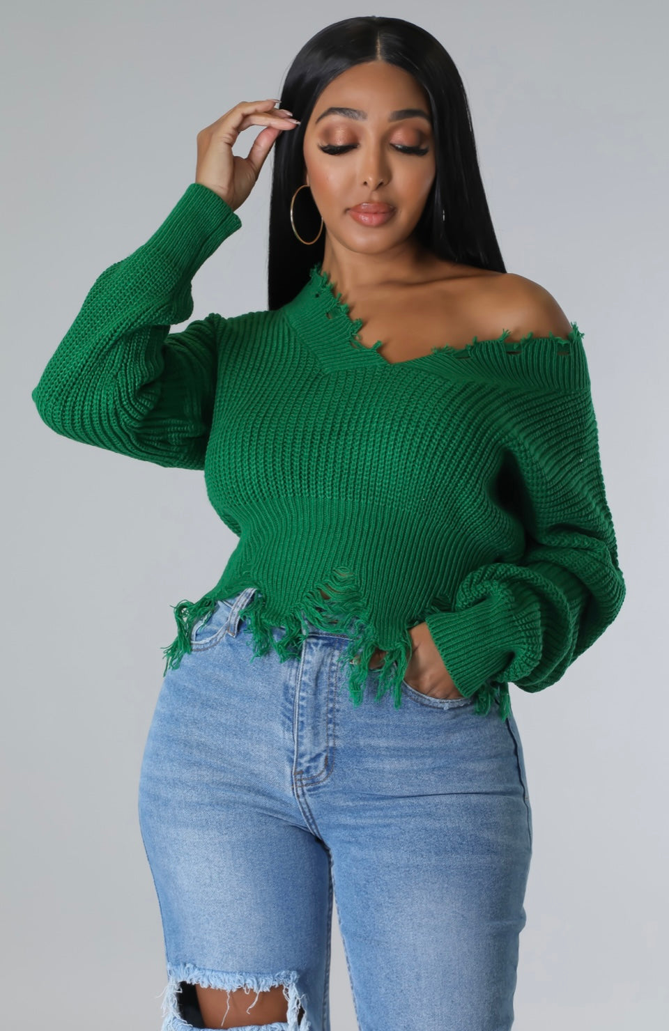 DARIA KNIT CROP LONG SLEEVE  V-NECK SWEATER (GREEN)