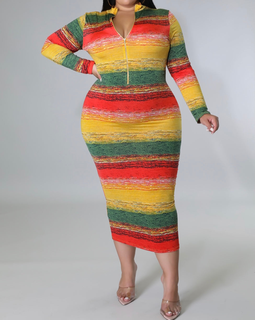 JUST MARLEY MULTI COLOR MIDI LONG SLEEVE ZIPPER DRESS PLUS SIZE - Tammie's Kollection