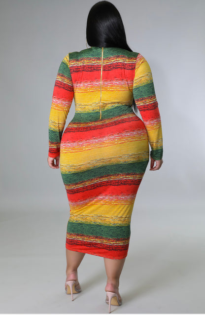 JUST MARLEY MULTI COLOR MIDI LONG SLEEVE ZIPPER DRESS PLUS SIZE - Tammie's Kollection