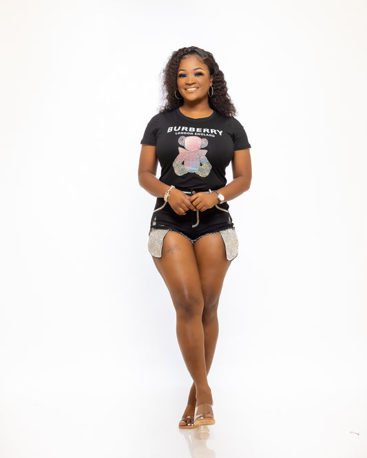 MISS GLITZ DENIM SHORTS (BLACK) - Tammie's Kollection