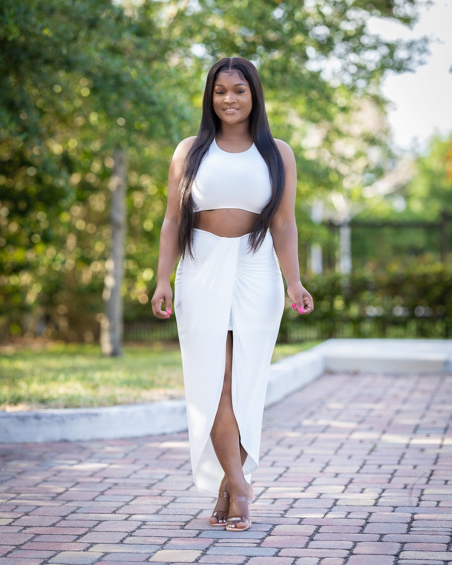 DD TWO PIECE CROP SPLIT FRONT SKIRT SET WHITE - Tammie's Kollection