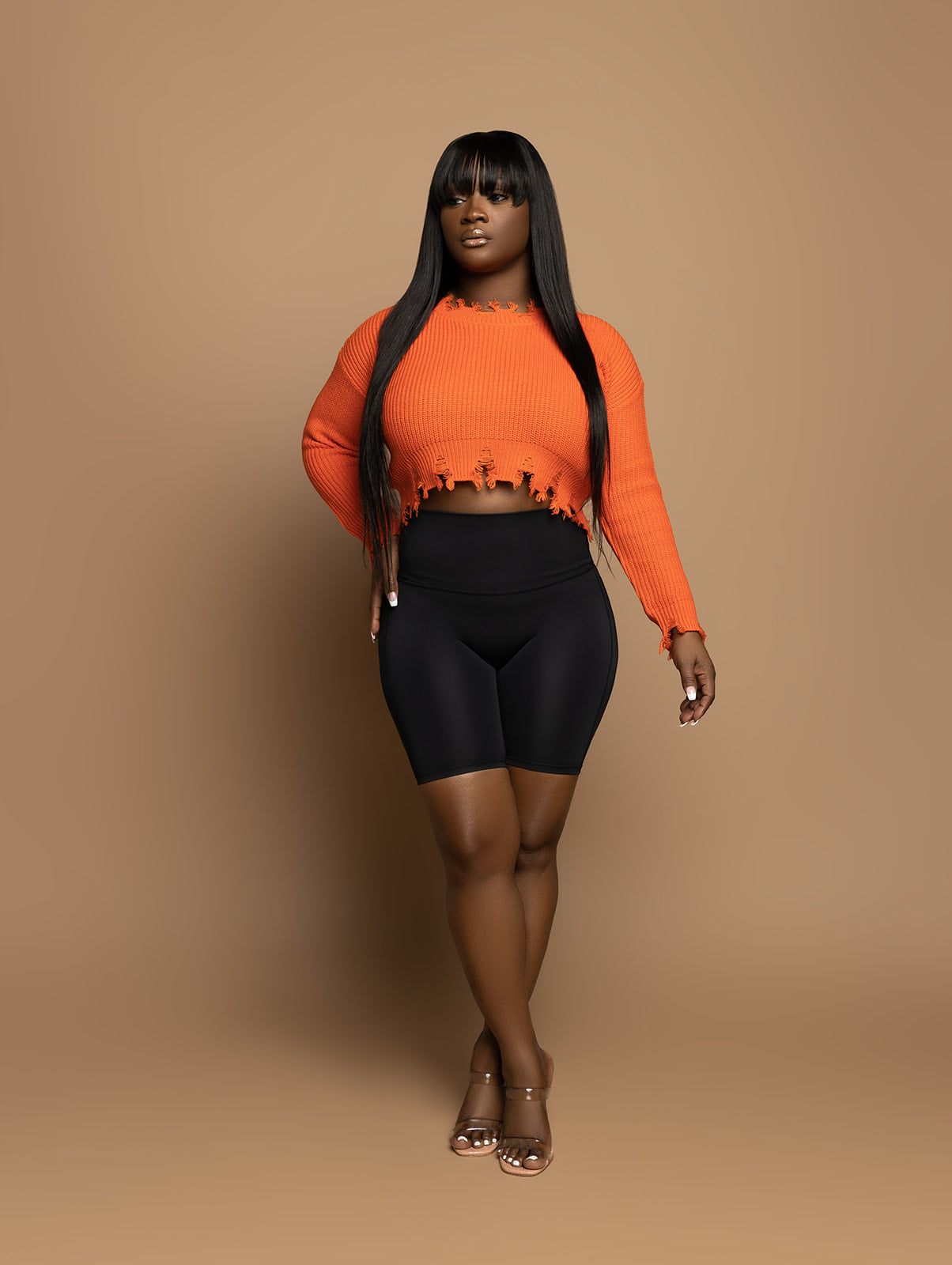 DARIA KNIT CROP ROUNG NECK LONG SLEEVE SWEATER (ORANGE)