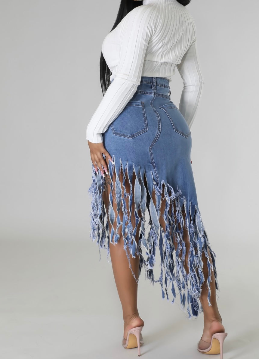 LACY DENIM FRINGE SKIRT