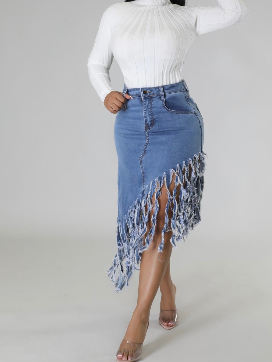 LACY DENIM FRINGE SKIRT