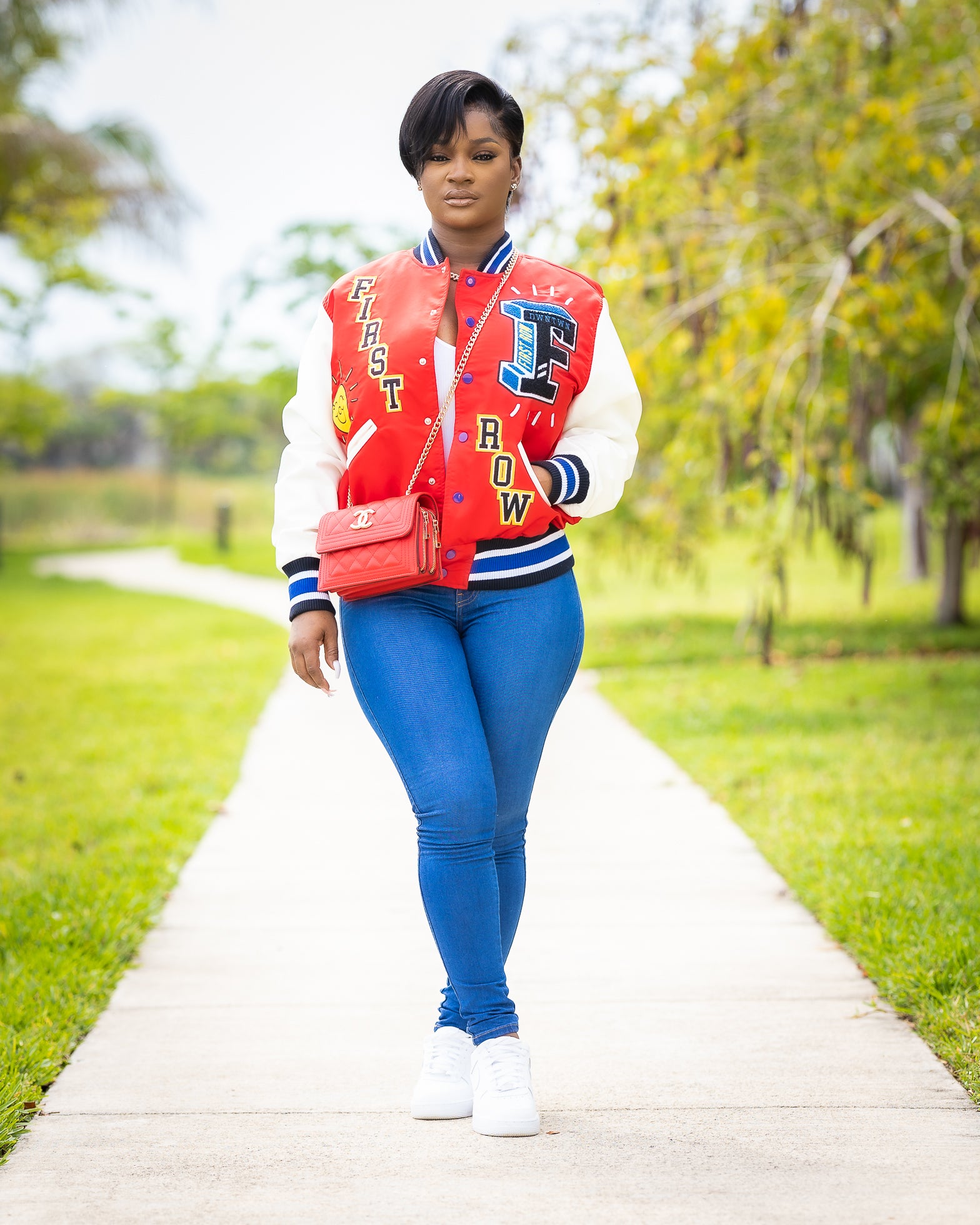 MAL RED VARSITY FAUX LONG SLEEVE JACKET - Tammie's Kollection