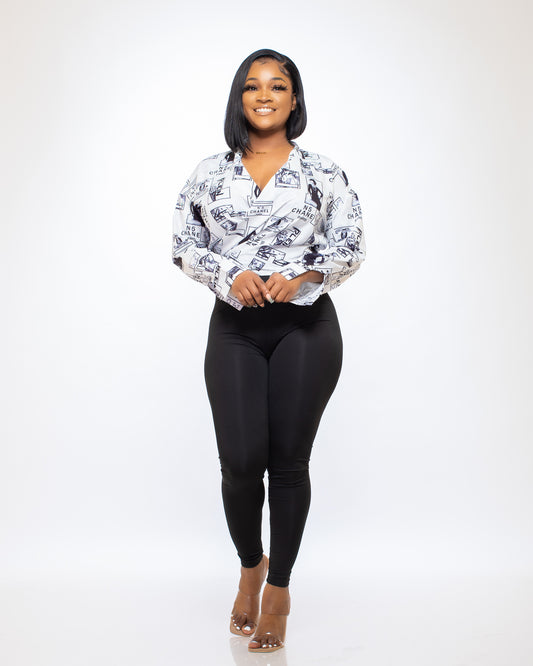 I NEED TIE BLACK AND WHITE PRINT TIE BLOUSE - Tammie's Kollection