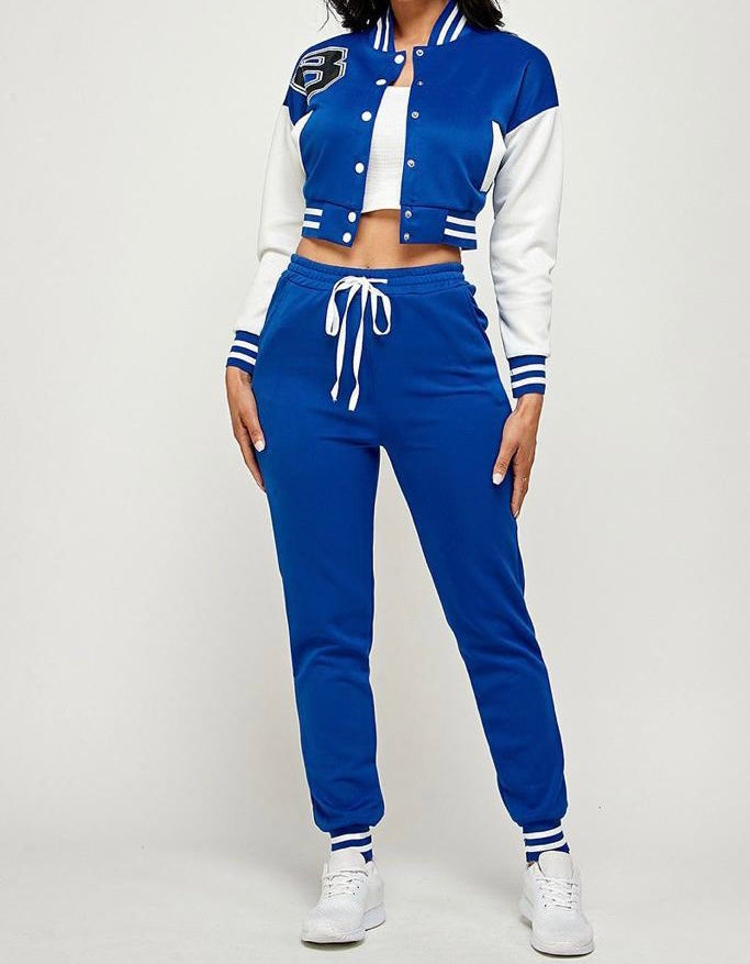 ROYAL BLUE AND WHITE VARSITY JOGGER SET - Tammie's Kollection