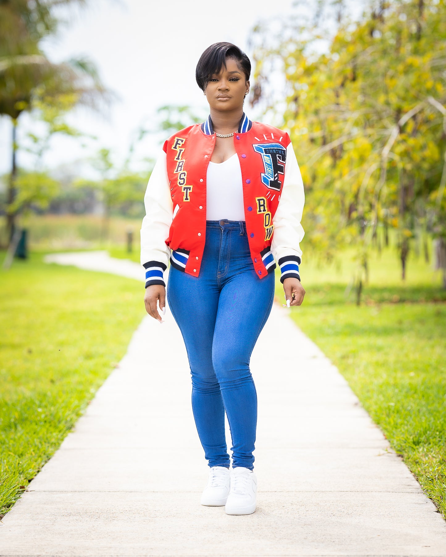 MAL RED VARSITY FAUX LONG SLEEVE JACKET - Tammie's Kollection