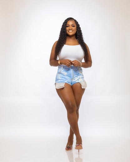 MISS GLITZ DENIM SHORTS (BLUE & WHITE) - Tammie's Kollection