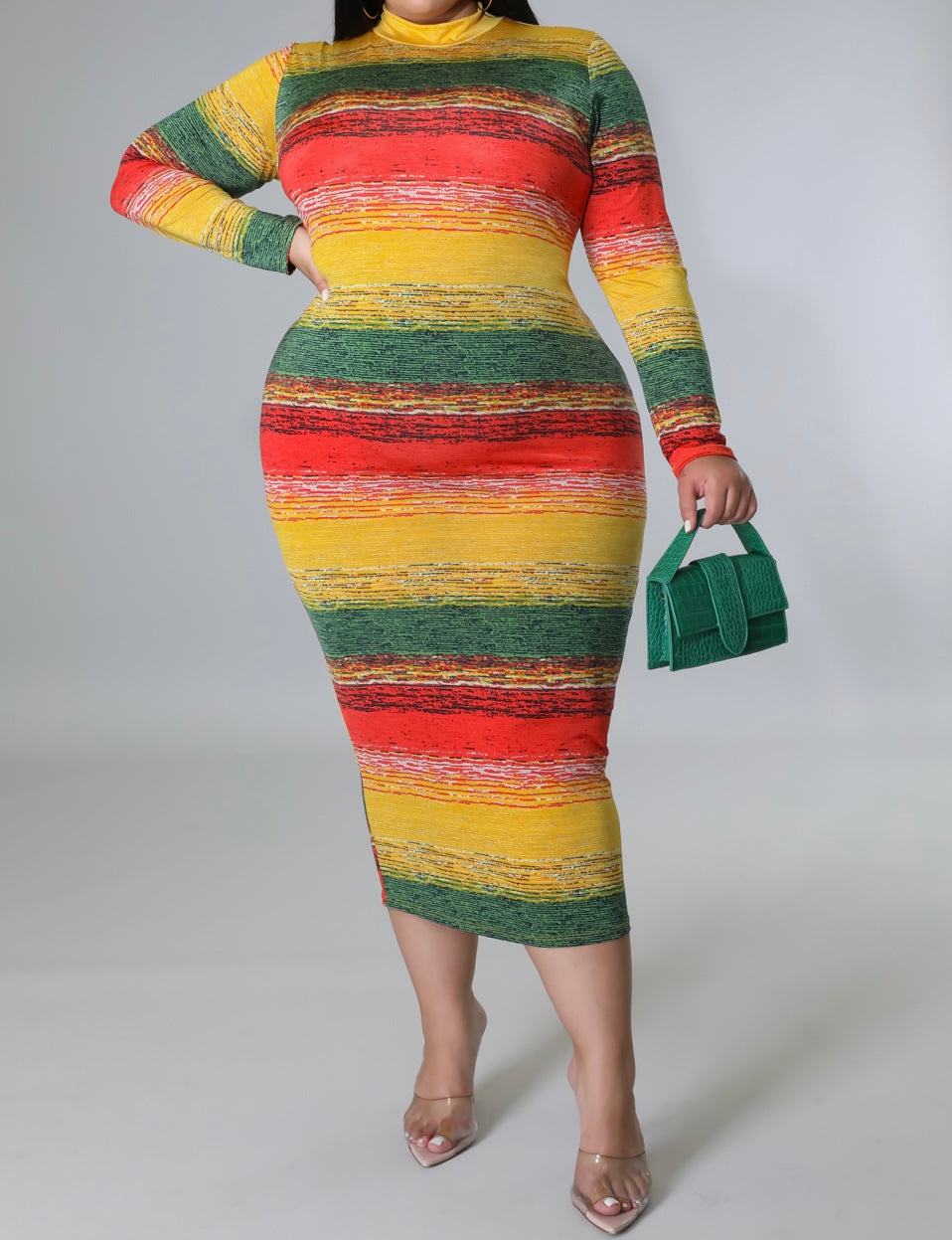 JUST MARLEY MULTI COLOR MIDI LONG SLEEVE ZIPPER DRESS PLUS SIZE - Tammie's Kollection