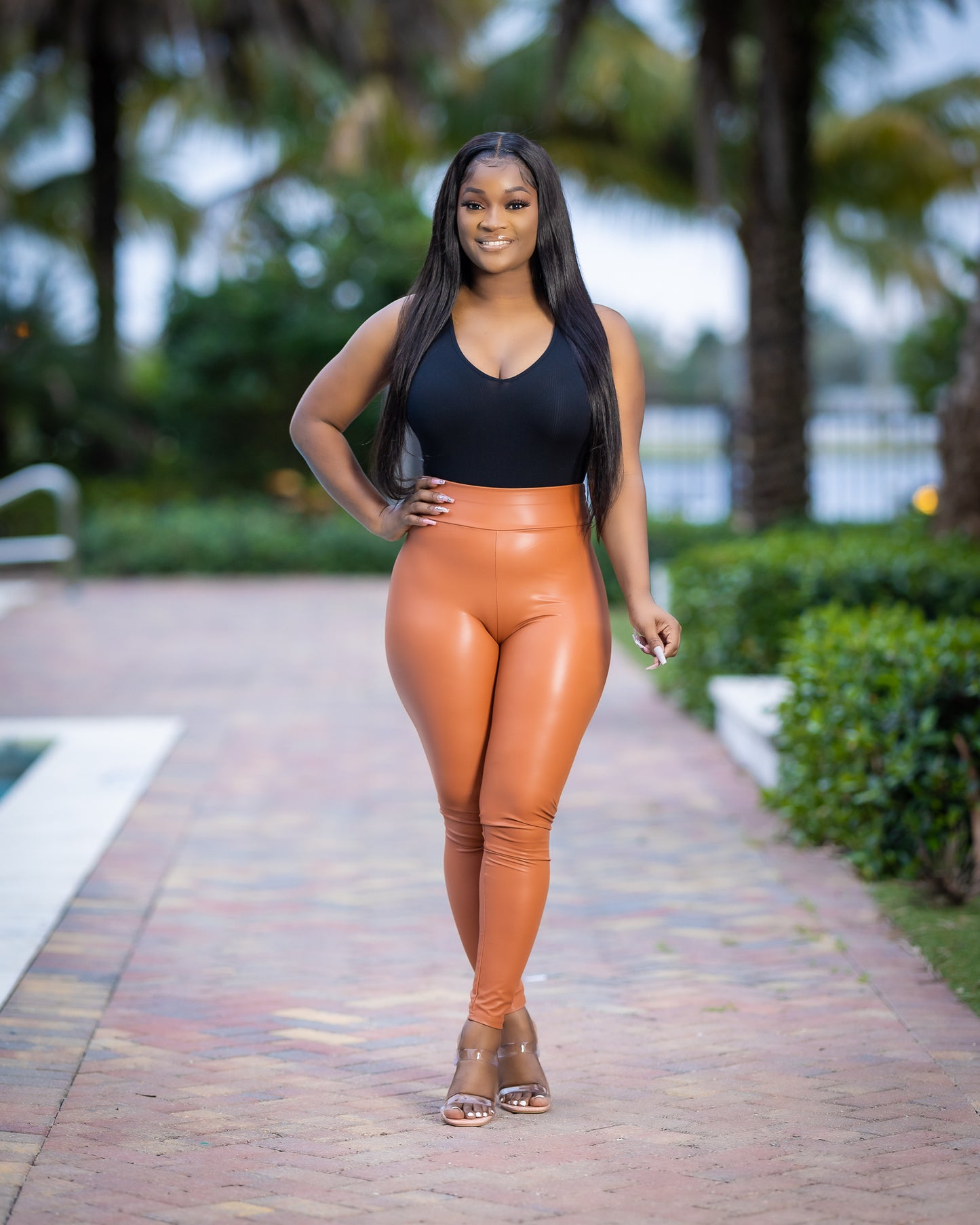 TAVIA RUST FAUX LEATHER RUCHED BACK LEGGINGS - Tammie's Kollection