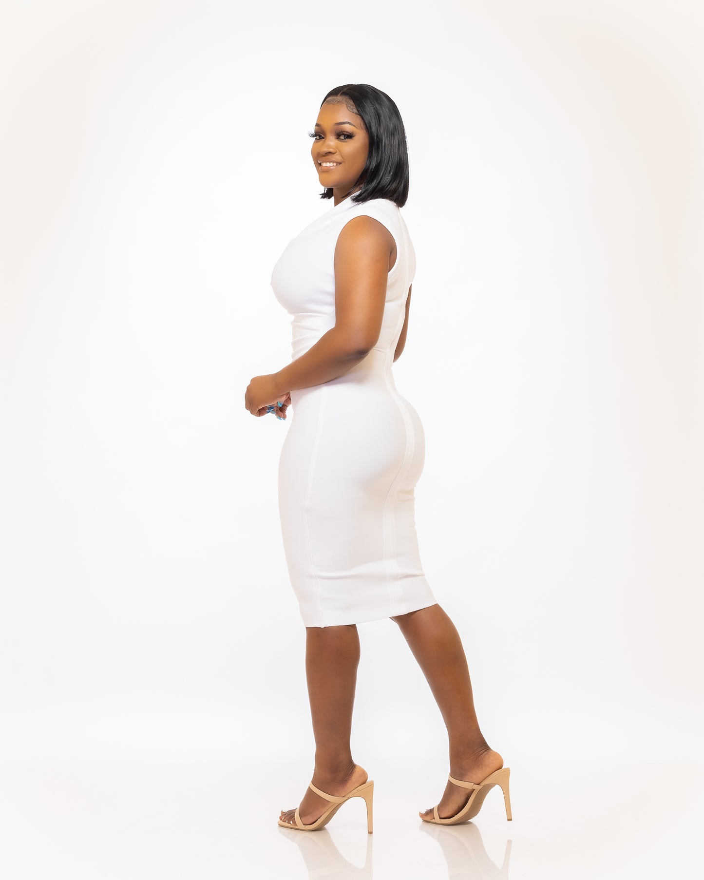 CHOLE WHITE V-NECK DRAPED BANDGE MIDI DRESS - Tammie's Kollection