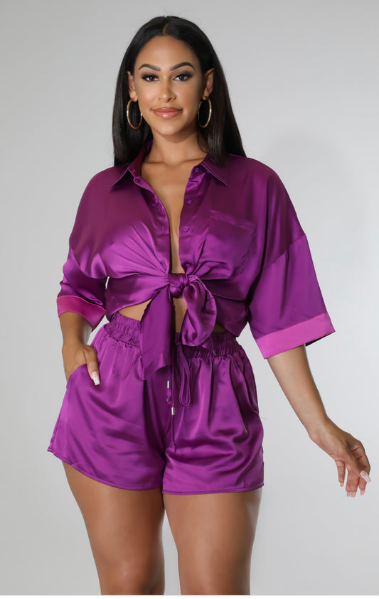 SATIN TWO PIECE PURPLE SHORT SET - Tammie's Kollection