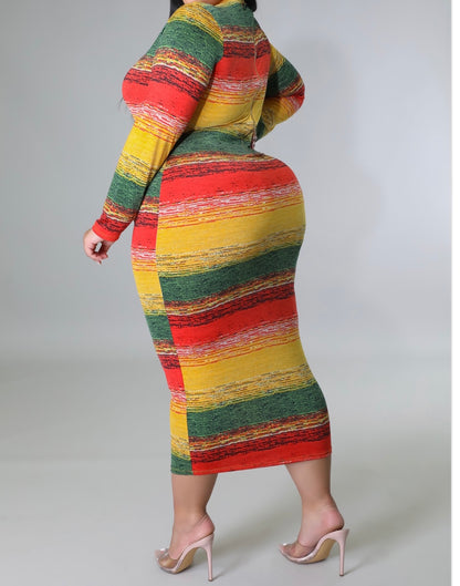 JUST MARLEY MULTI COLOR MIDI LONG SLEEVE ZIPPER DRESS PLUS SIZE - Tammie's Kollection