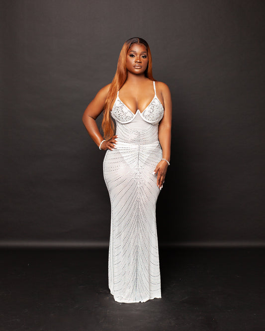 MONICA WHITE MESH RHINESTONE  MAXI DRESS